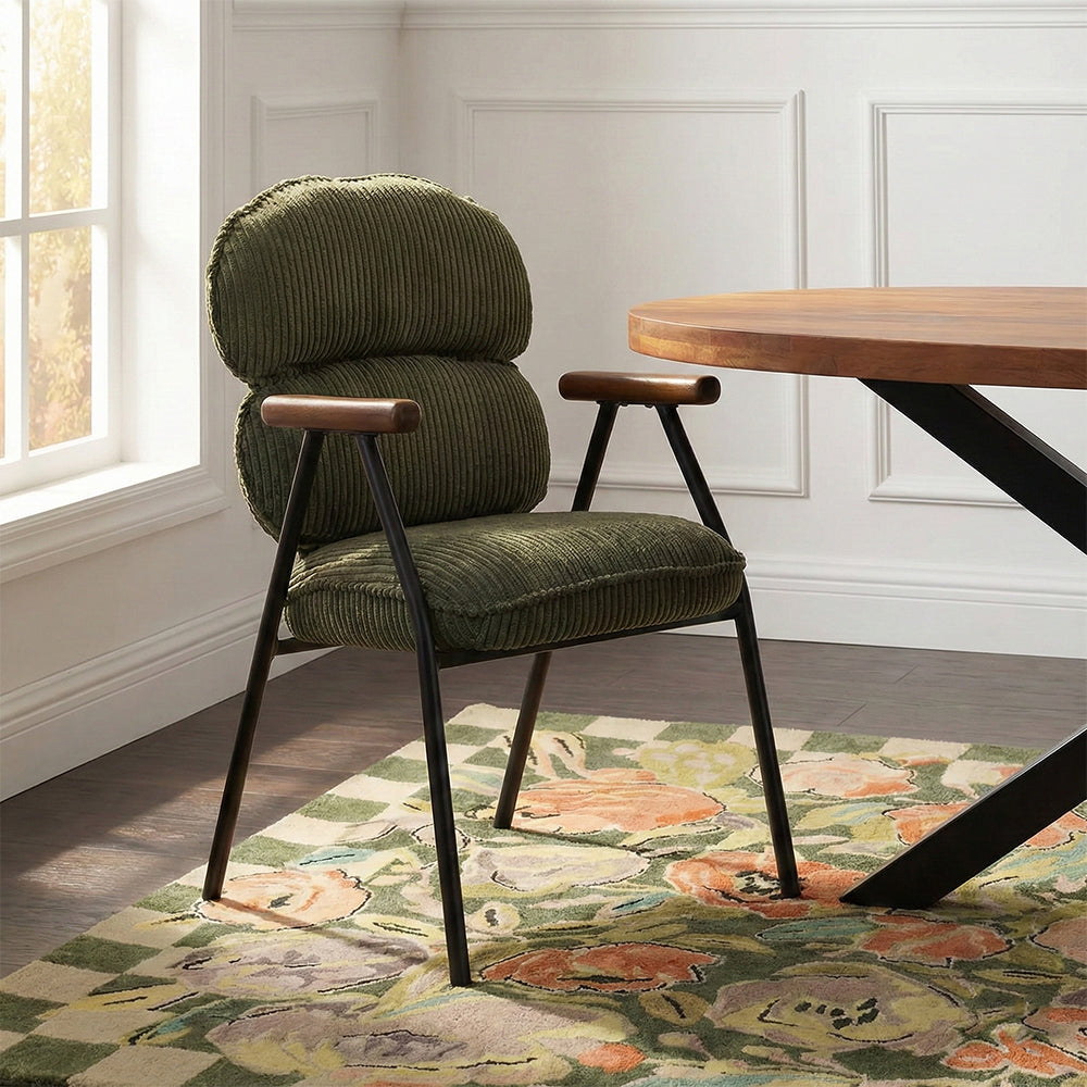 Antho Velvet Dining Chair with Wooden Armrest - Olive Green