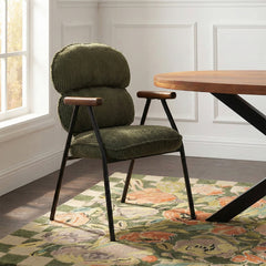 Antho Velvet Dining Chair with Wooden Armrest - Olive Green