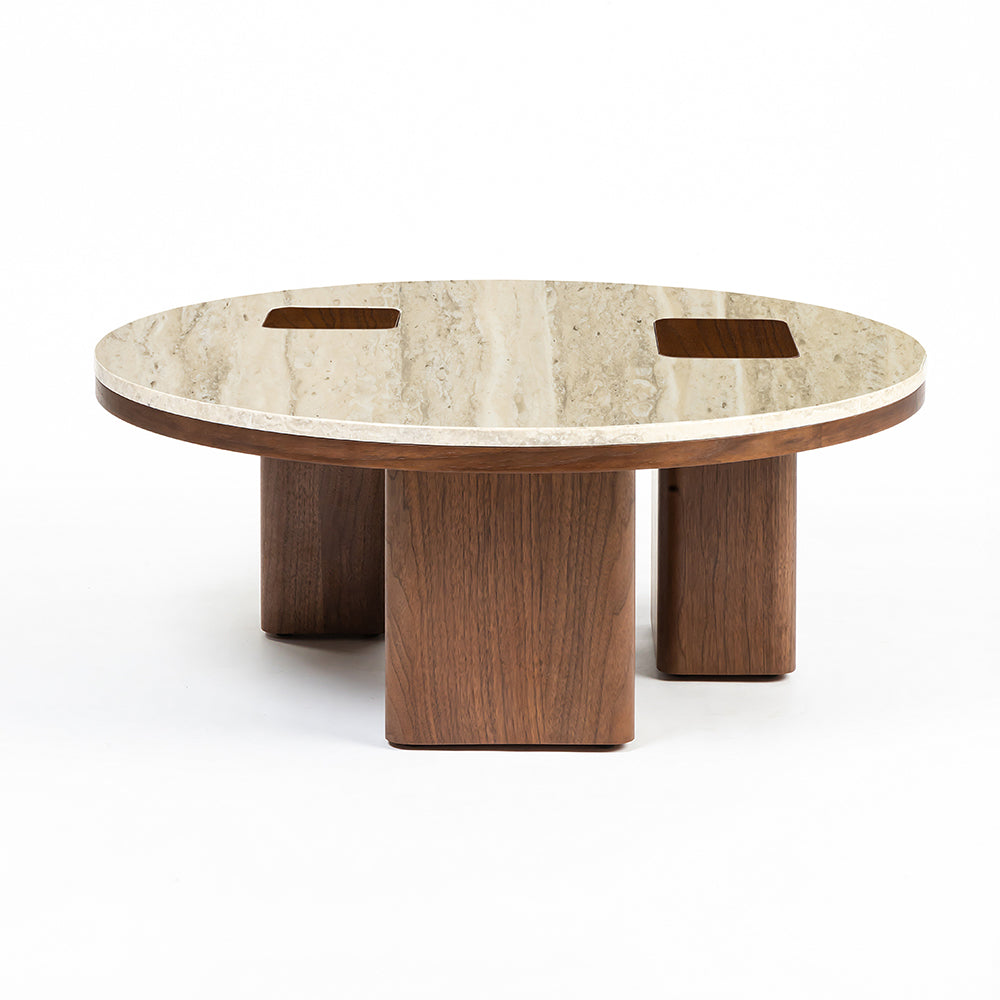 Oduke Beige Marble Round Coffee Table with Wooden Legs - Large