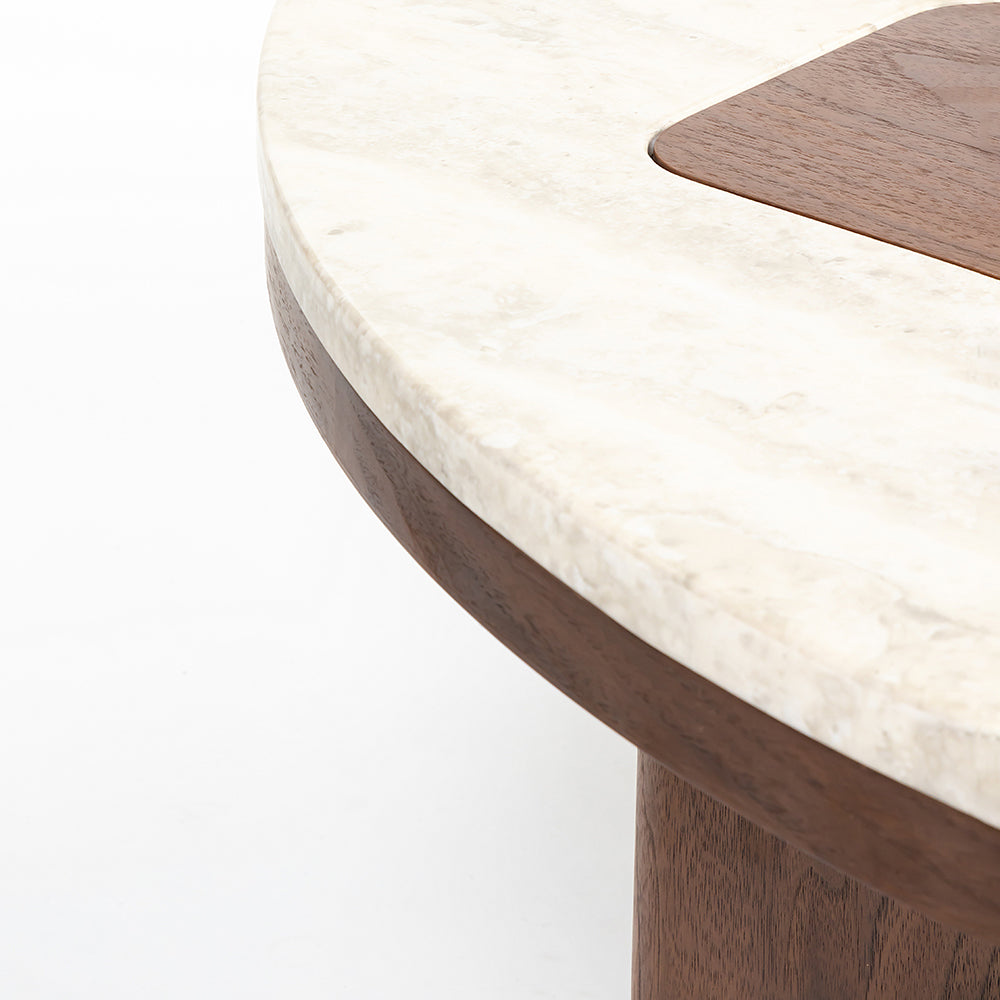 Oduke Beige Marble Round Coffee Table with Wooden Legs - Large