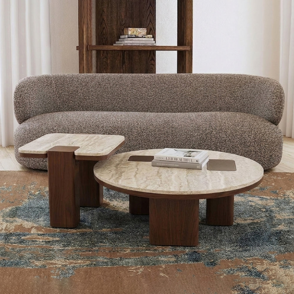 Oduke Beige Marble Coffee Table with Wooden Legs Set of 2