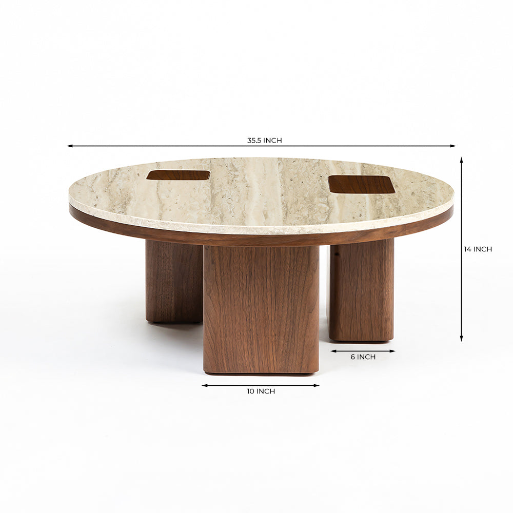 Oduke Beige Marble Round Coffee Table with Wooden Legs - Large