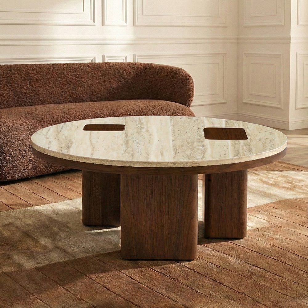 Oduke Beige Marble Round Coffee Table with Wooden Legs - Large