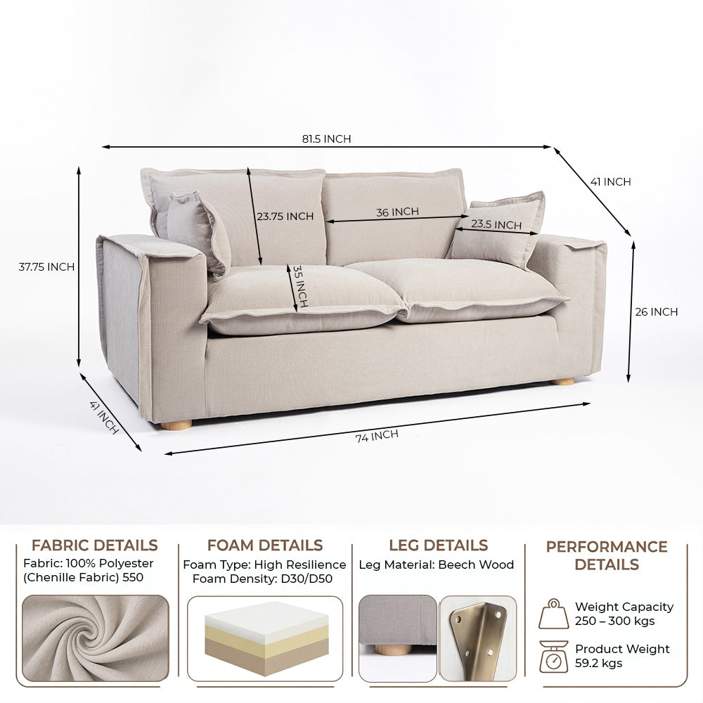 Chenille Fergie 2-Seater Sofa - Stone