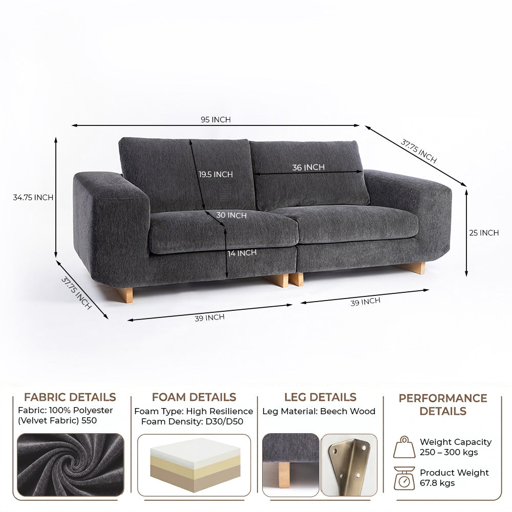 Velvet Kiko 2-Seater Sofa - Charcoal