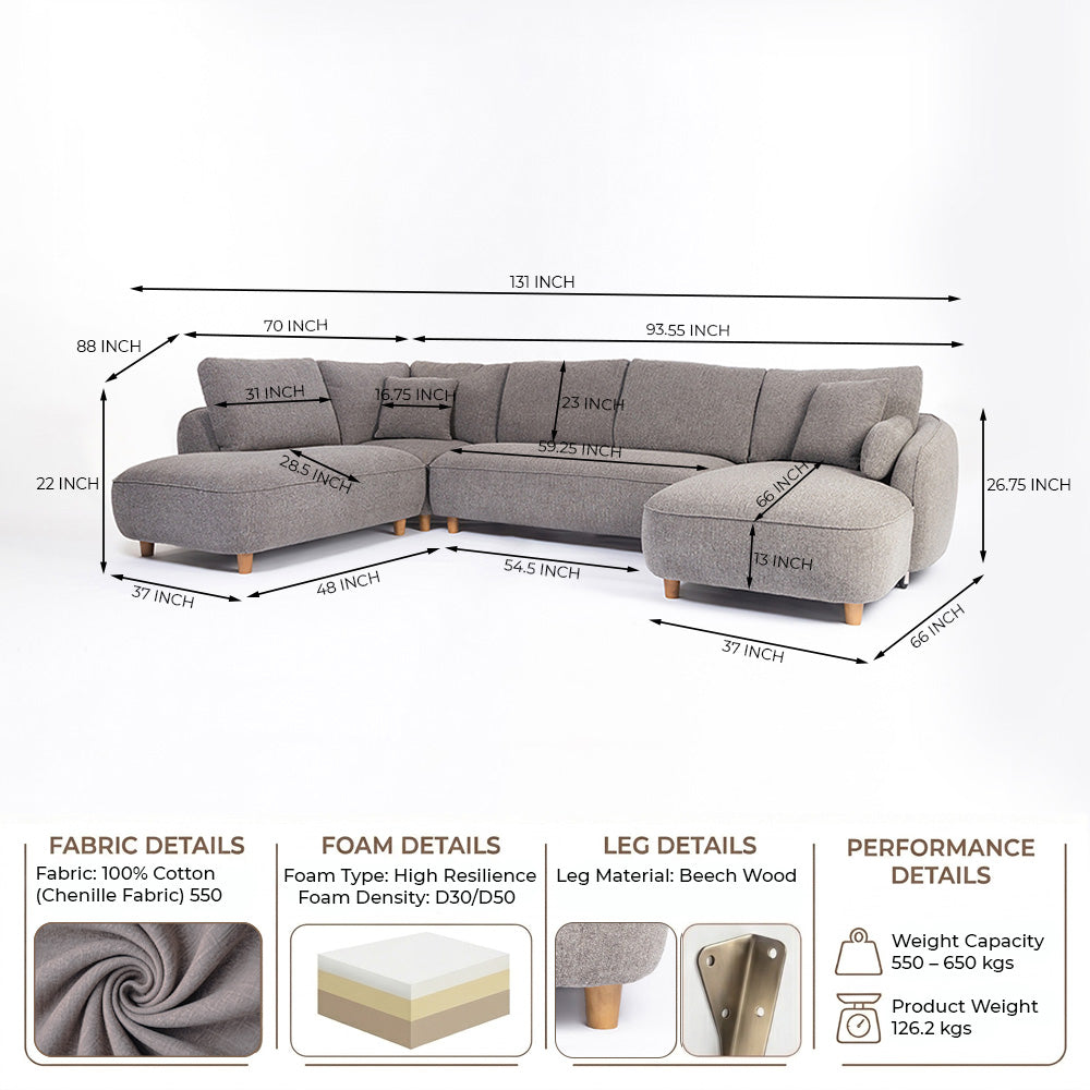Chenille Cantil 6-Seater Sofa - Ash