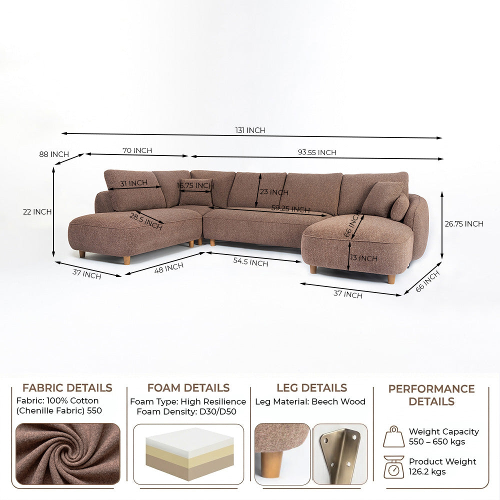 Chenille Cantil 6-Seater Sofa - Berry