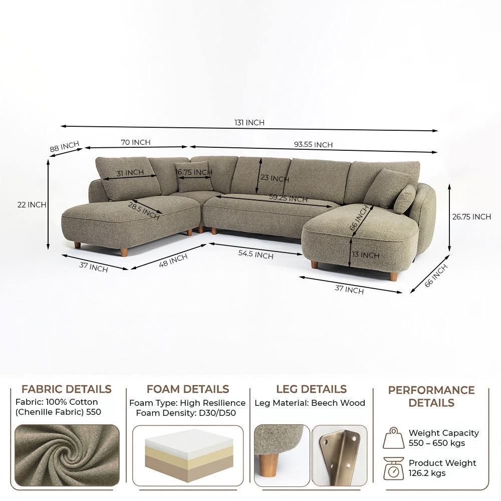 Chenille Cantil 6-Seater Sofa -  Forest