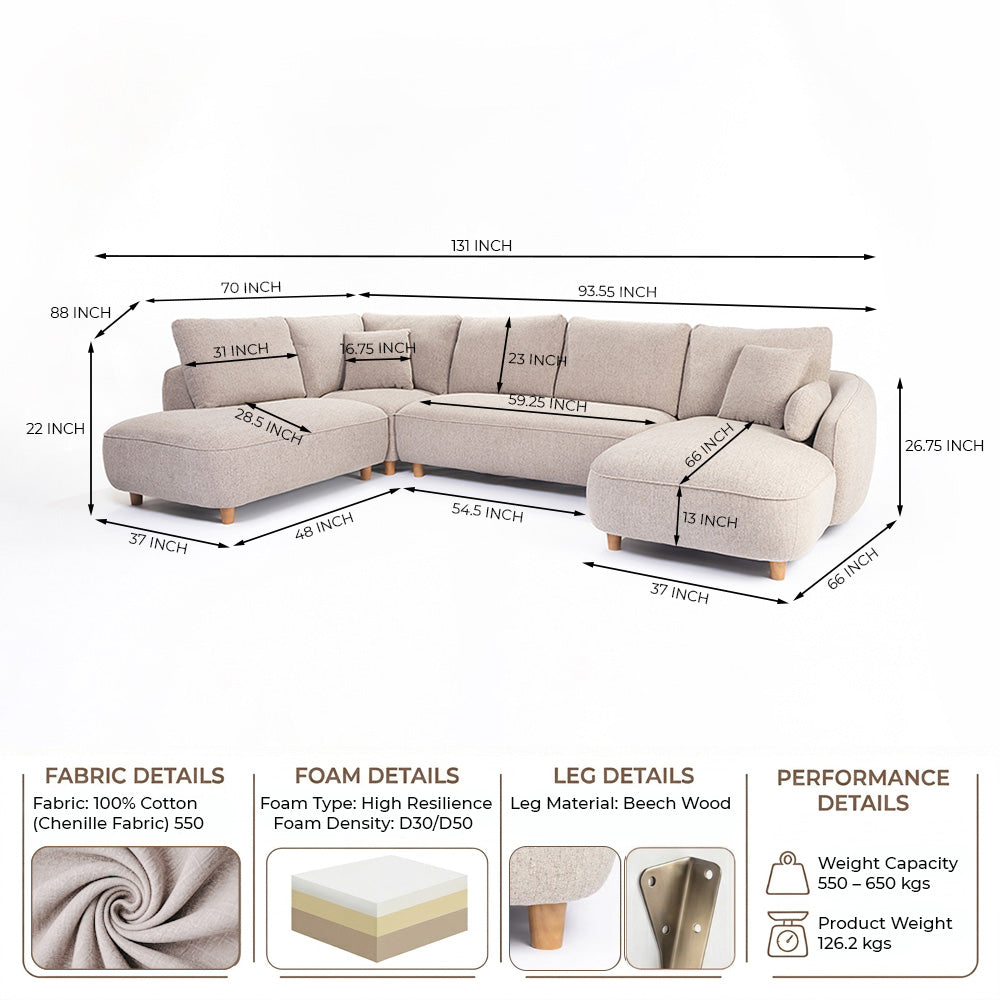 Chenille Cantil 6-Seater Sofa - Stone