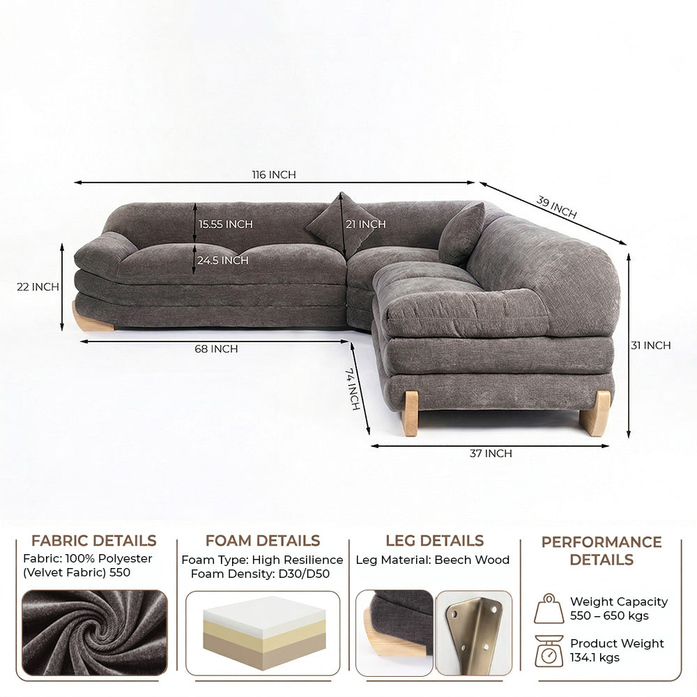Velvet Gianco 5-Seater Sofa - Licorice