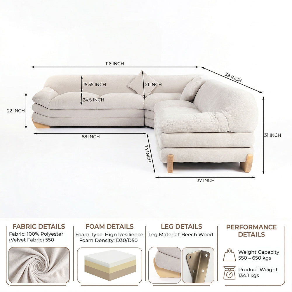 Velvet Gianco 5-Seater Sofa - Sand