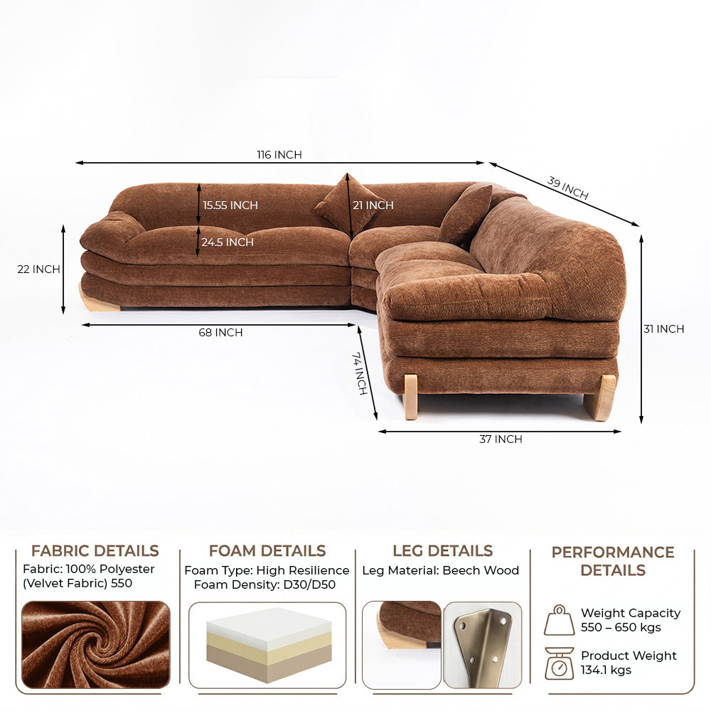 Velvet Gianco 5-Seater Sofa - Tan