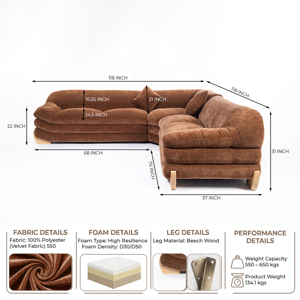 Gianco Tan Brown Velvet L Shape 5 Seater Corner Sofa