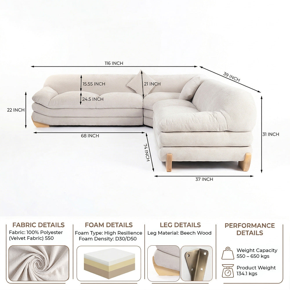 Velvet Gianco 5-Seater Sofa - Sand