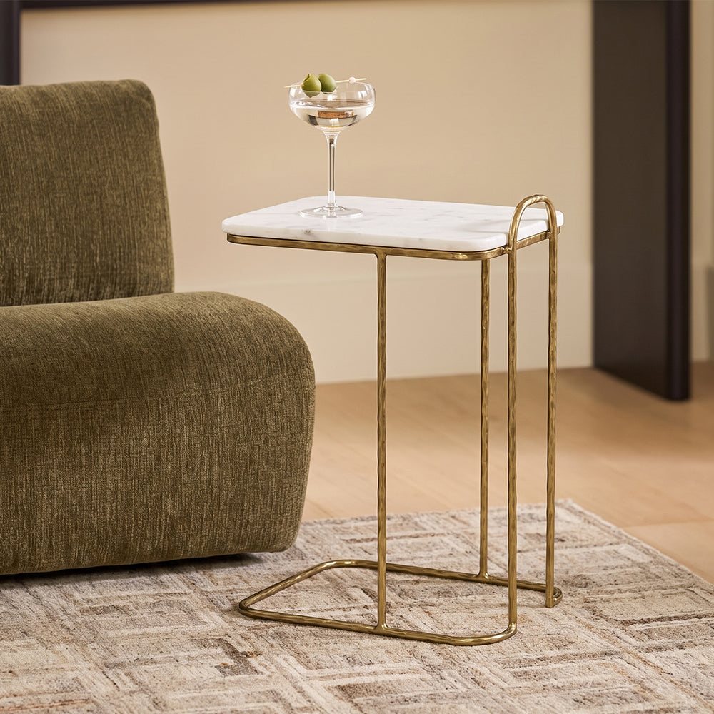 Ruel C-Shaped White Marble Table with Metal