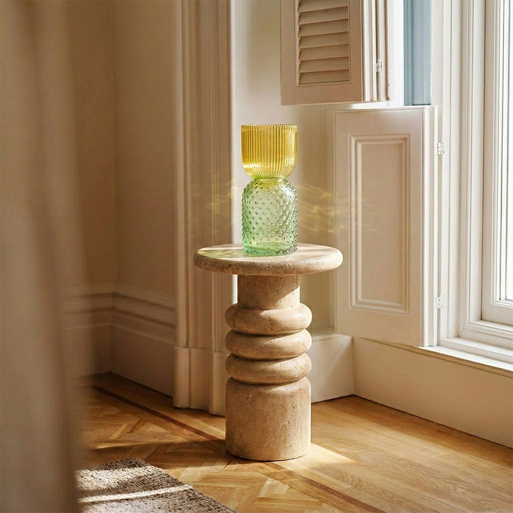 Saba Circular Travertine Accent Table