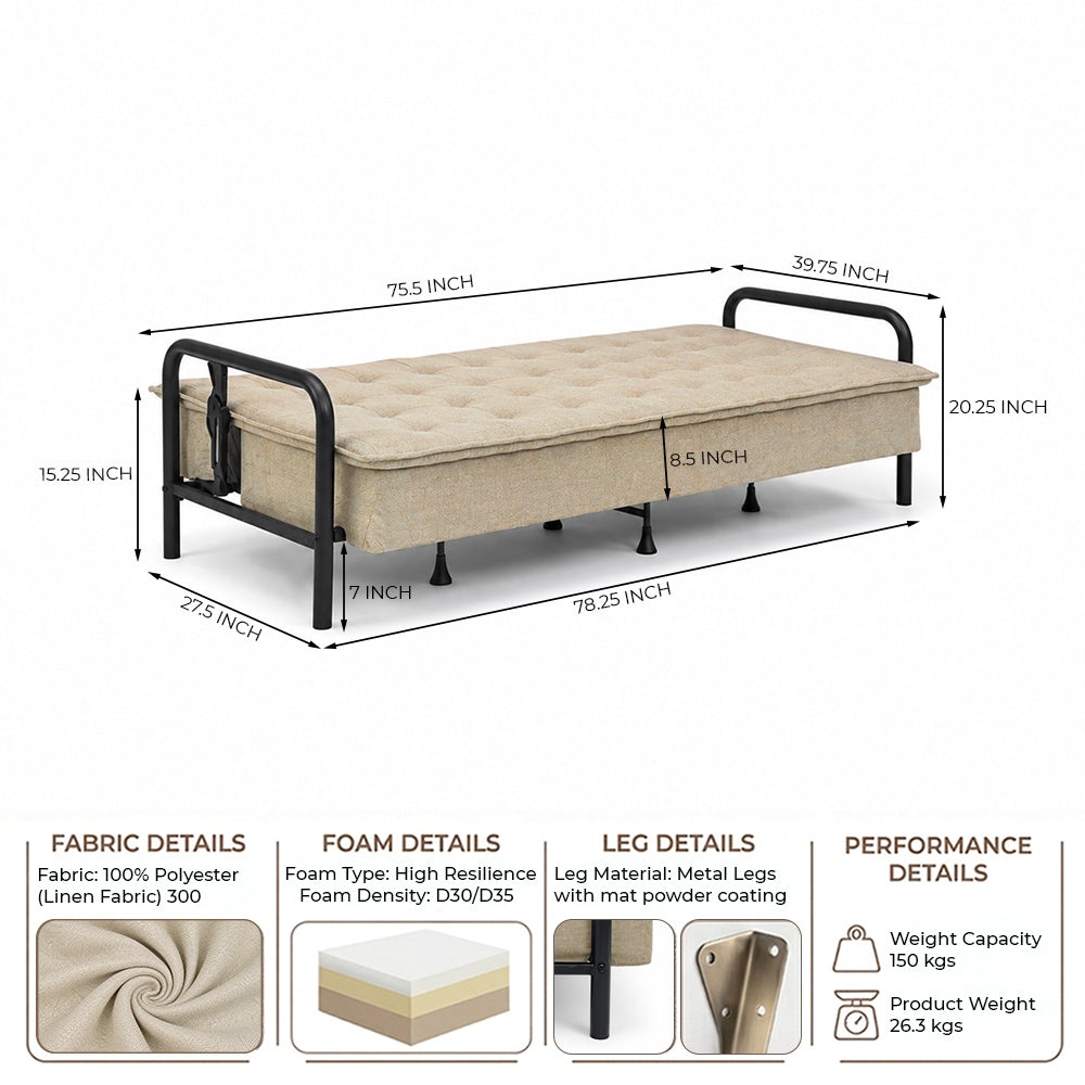 Tufted Convertible 3 Seater Sofa Cum Bed - Brown