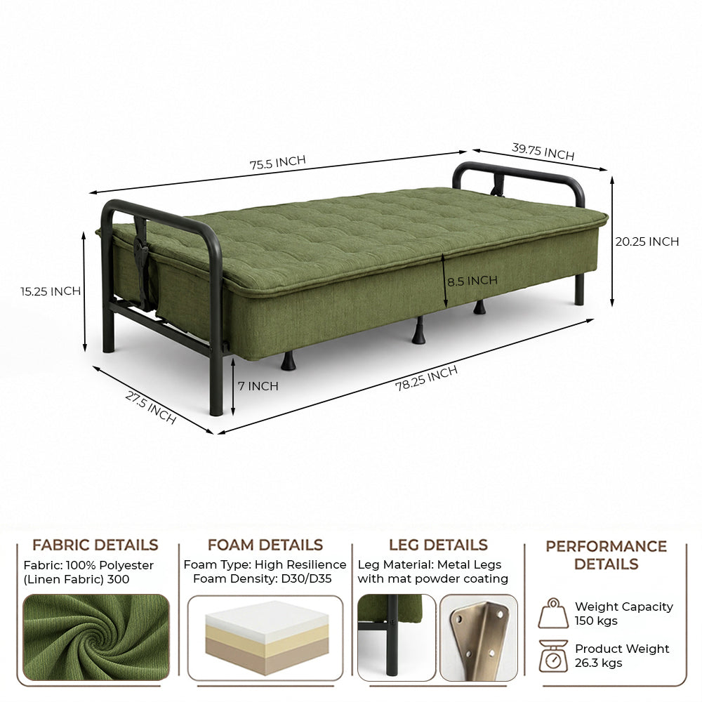 Tufted Convertible 3 Seater Sofa Cum Bed - Olive Green