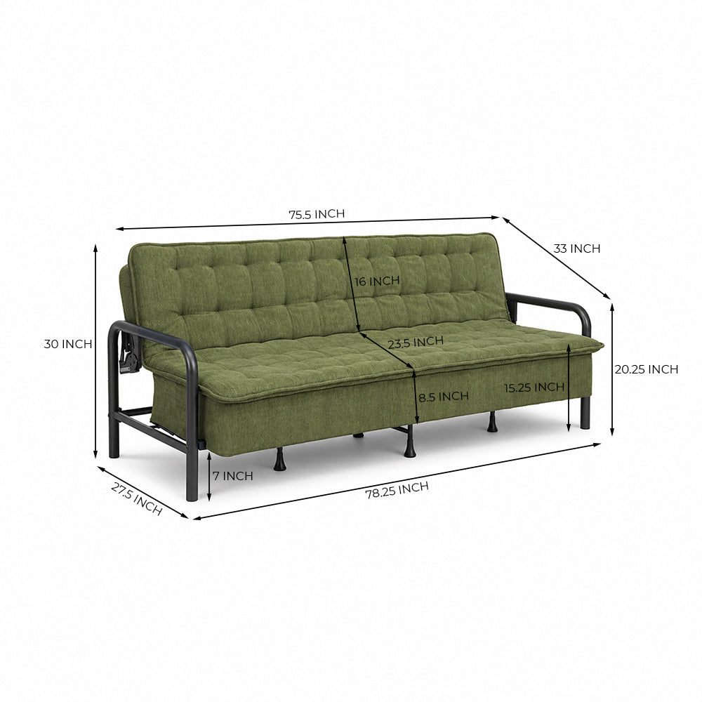 Tufted Convertible 3 Seater Sofa Cum Bed - Olive Green