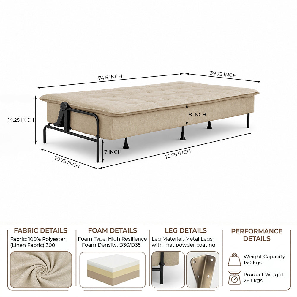 Space-Saving Armless 3 Seater Sofa Cum Bed - Brown