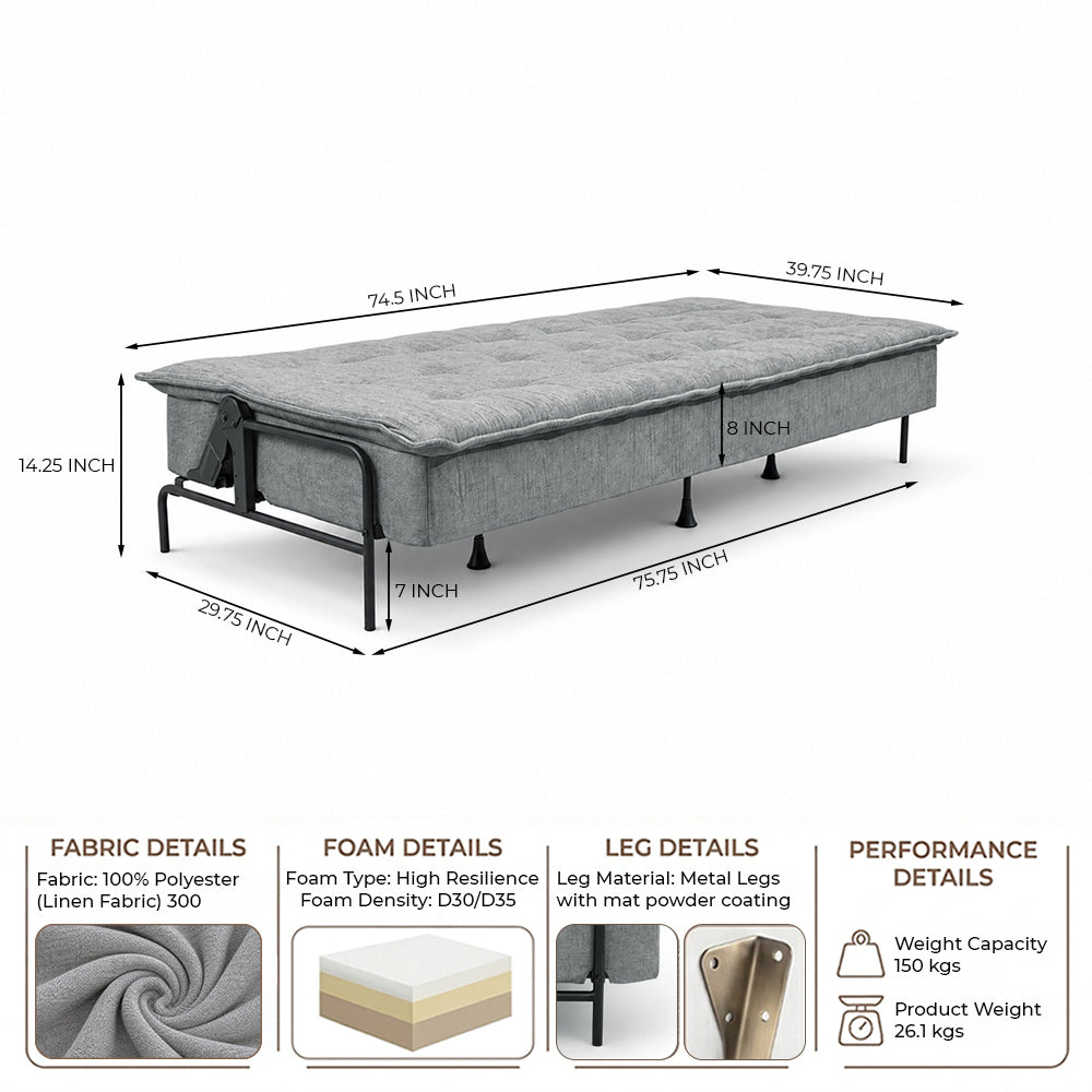 Space-Saving Armless 3 Seater Sofa Cum Bed - Dark grey