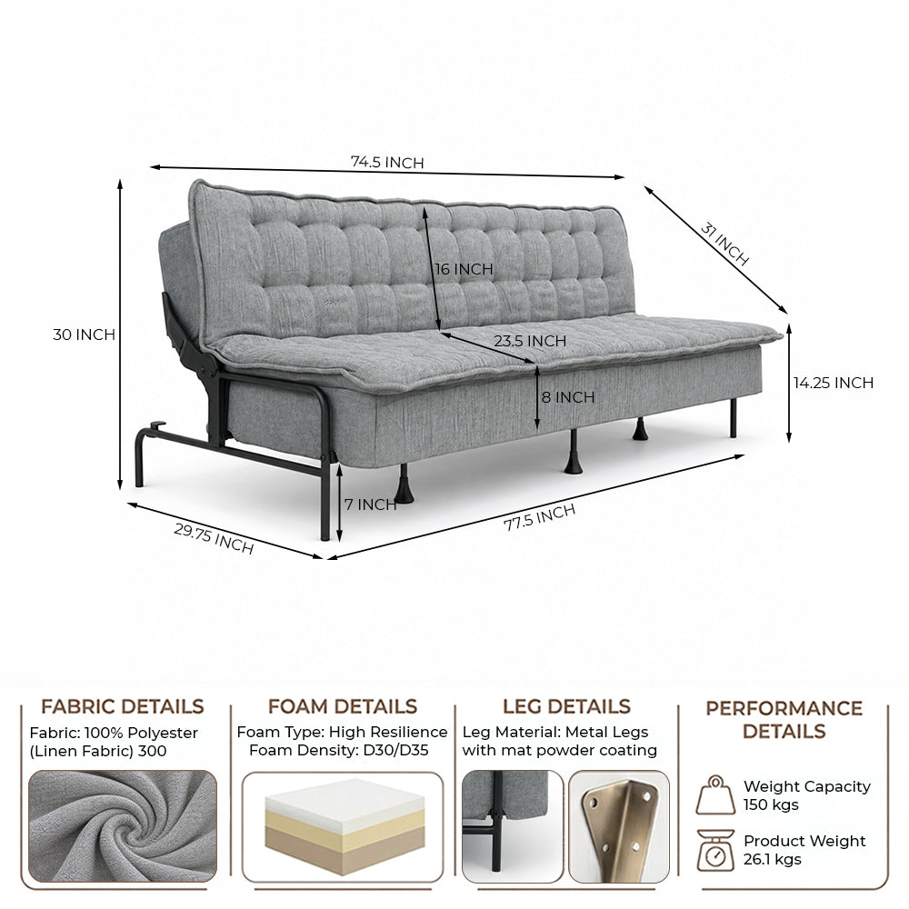 Space-Saving Armless 3 Seater Sofa Cum Bed - Dark grey