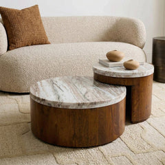 Clairo Mango Wood Coffee Table Set of 2 with Sawar Marble