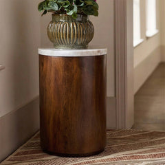 Ryn Mango Wood Side Table with Sawar Marble
