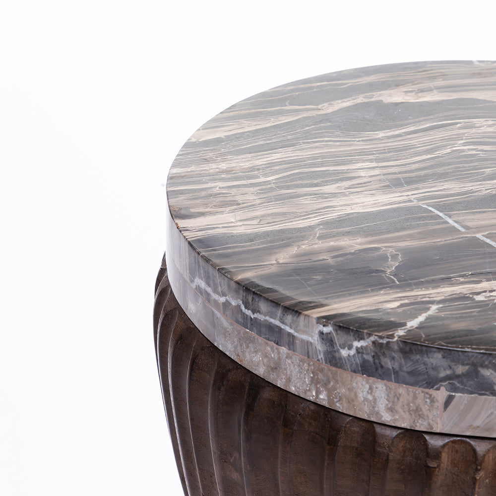 Gracie Mango Wood Side Table with Cappuccino Marble