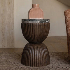 Gracie Mango Wood Side Table with Cappuccino Marble