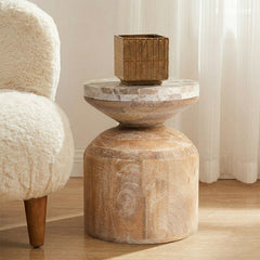 Fletcher Mango Wood Side Table with Panther Marble