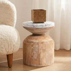 Fletcher Mango Wood Side Table with Sawar Marble