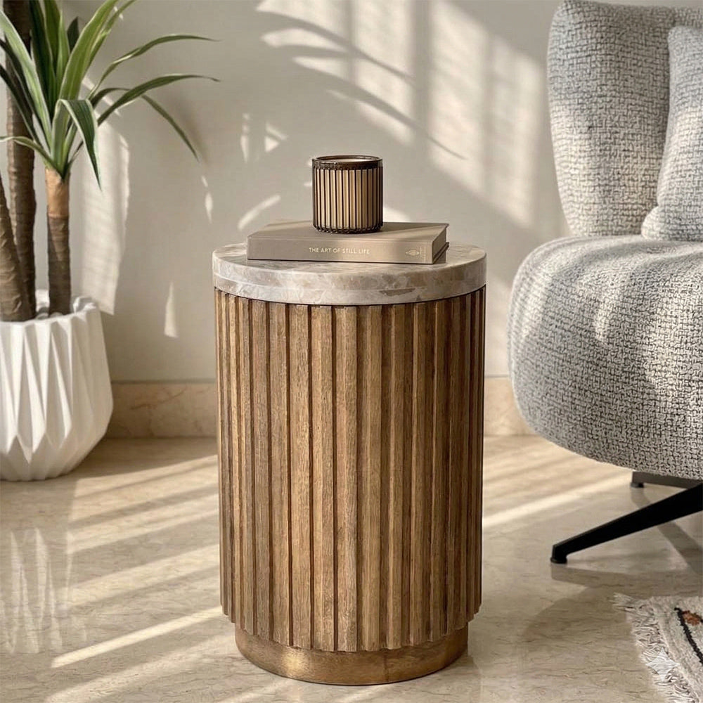 Maisie Mango Wood Side Table with Panther Marble