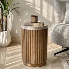 Maisie Mango Wood Side Table with Panther Marble