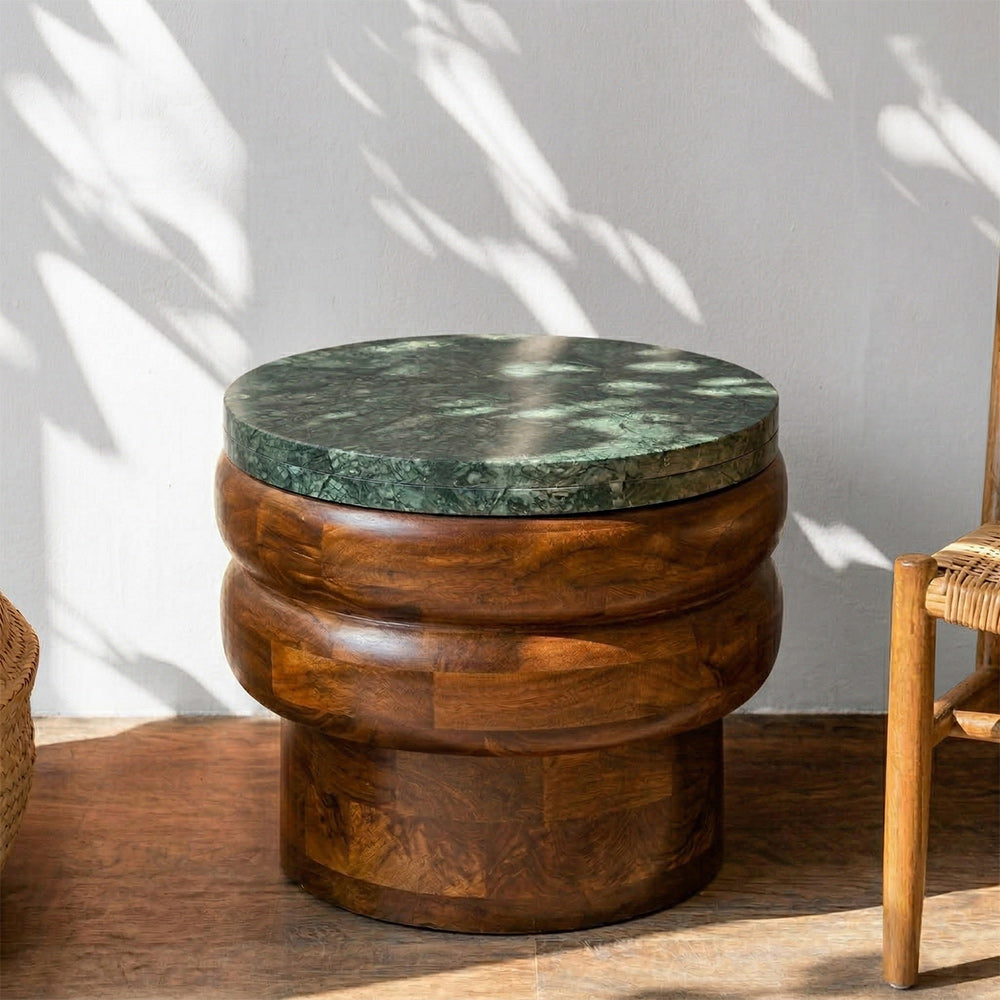 Sylvan Mango Wood Side Table with Green Marble
