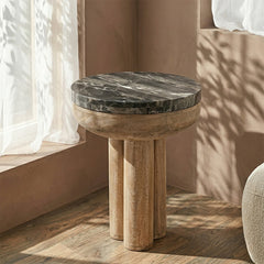 Holly Mango Wood Side Table with Cappuccino Marble