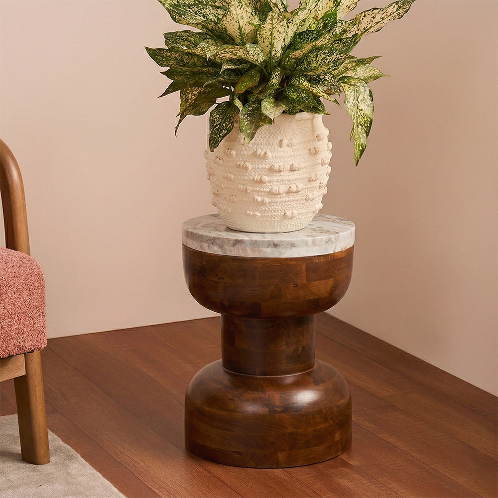 Lizzy Mango Wood Side Table with Sawar Marble