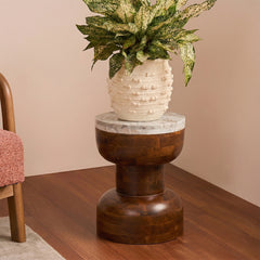 Lizzy Mango Wood Side Table with Sawar Marble