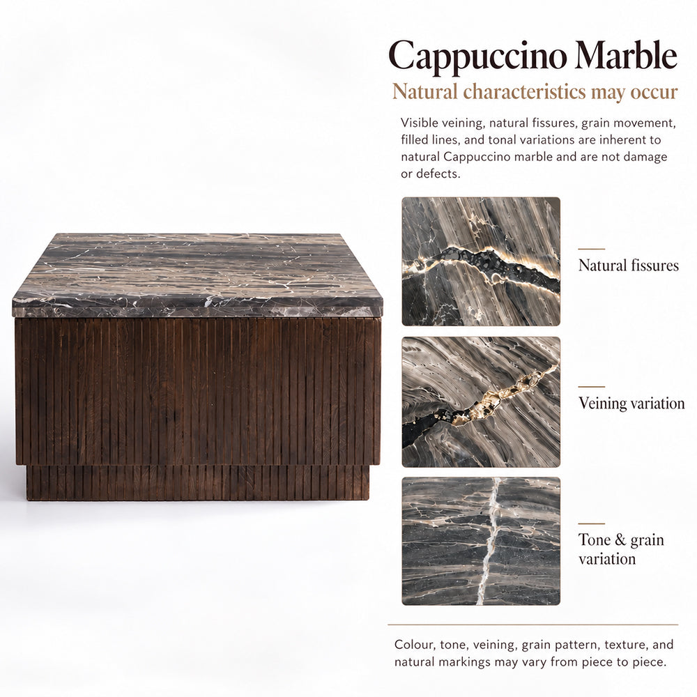 Knox Dark Grey Square Marble Coffee Table With Wood - Large