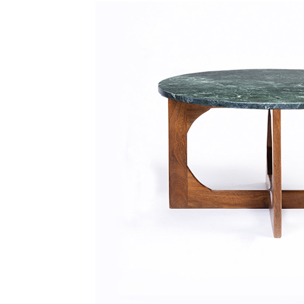 Bea Green Marble Round Coffee Table with Wood Base - Large