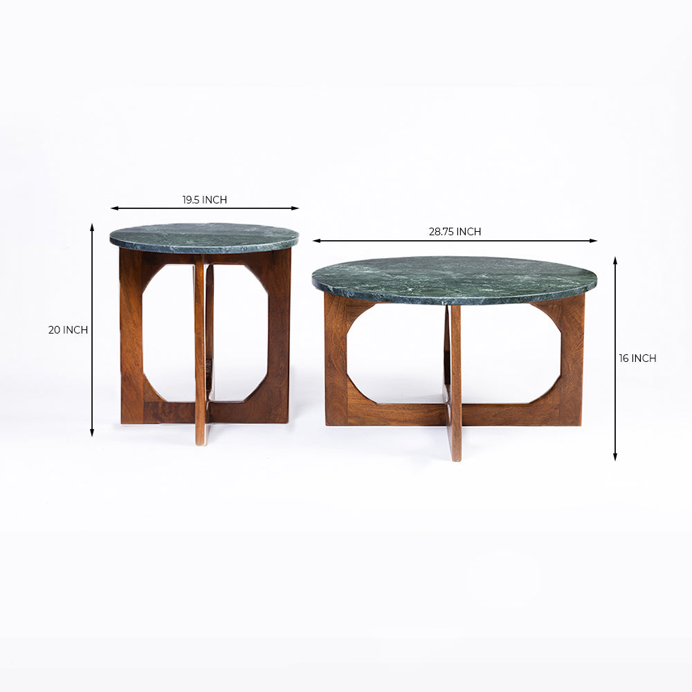 Bea Mango Wood Coffee Table Set of 2 with Green Marble - All Large Small