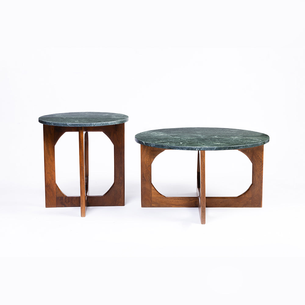 Bea Mango Wood Coffee Table Set of 2 with Green Marble - All Large Small