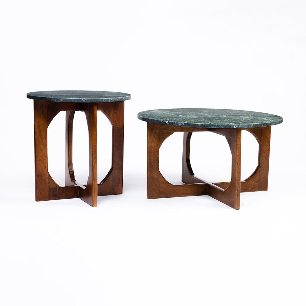 Bea Mango Wood Coffee Table Set of 2 with Green Marble - All Large Small