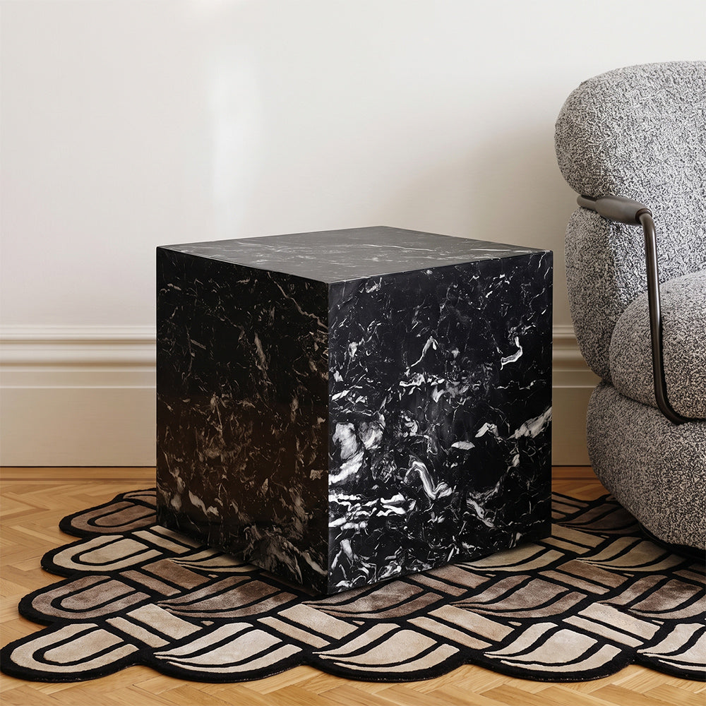 Sable Marble SideTable with Wheel - Black Marble