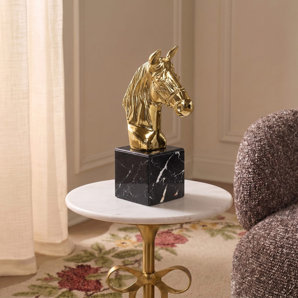 Lune Metal Horse Decorative Object with Black Glass Marble Base