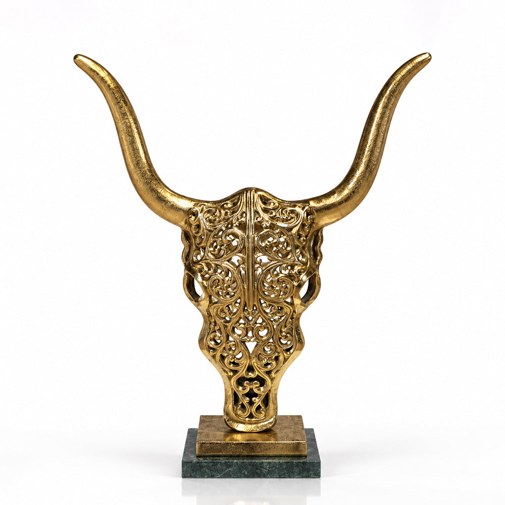 Mave Metal Bull Head Decorative Object with Green Granite Marble Base - Product View 1