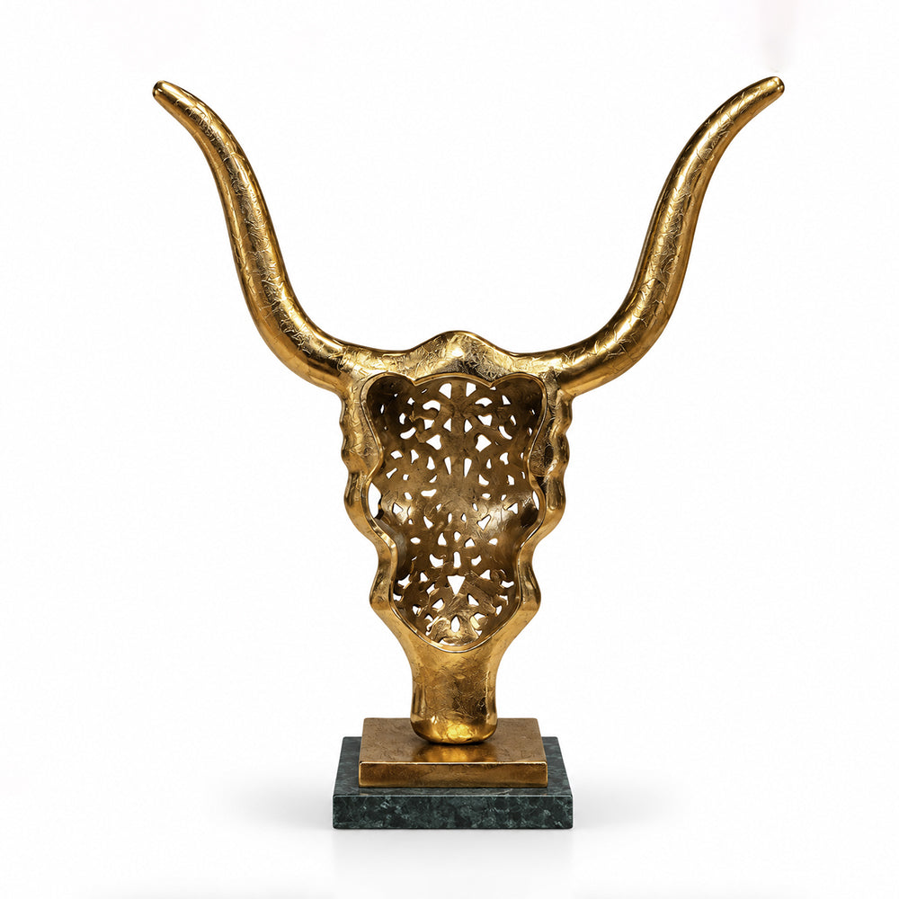 Mave Metal Bull Head Decorative Object with Green Granite Marble Base - Product View 2