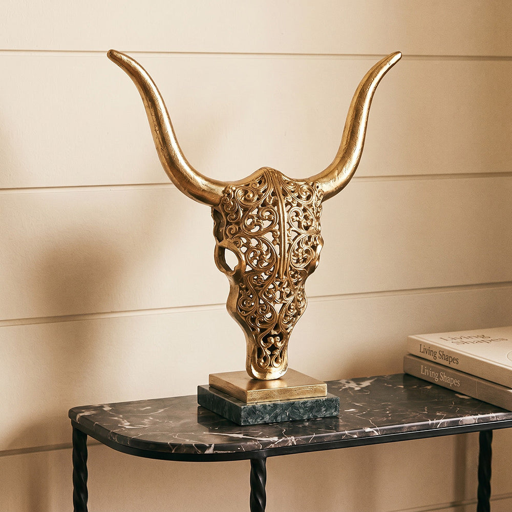 Mave Metal Bull Head Decorative Object with Green Granite Marble Base - Product View 5