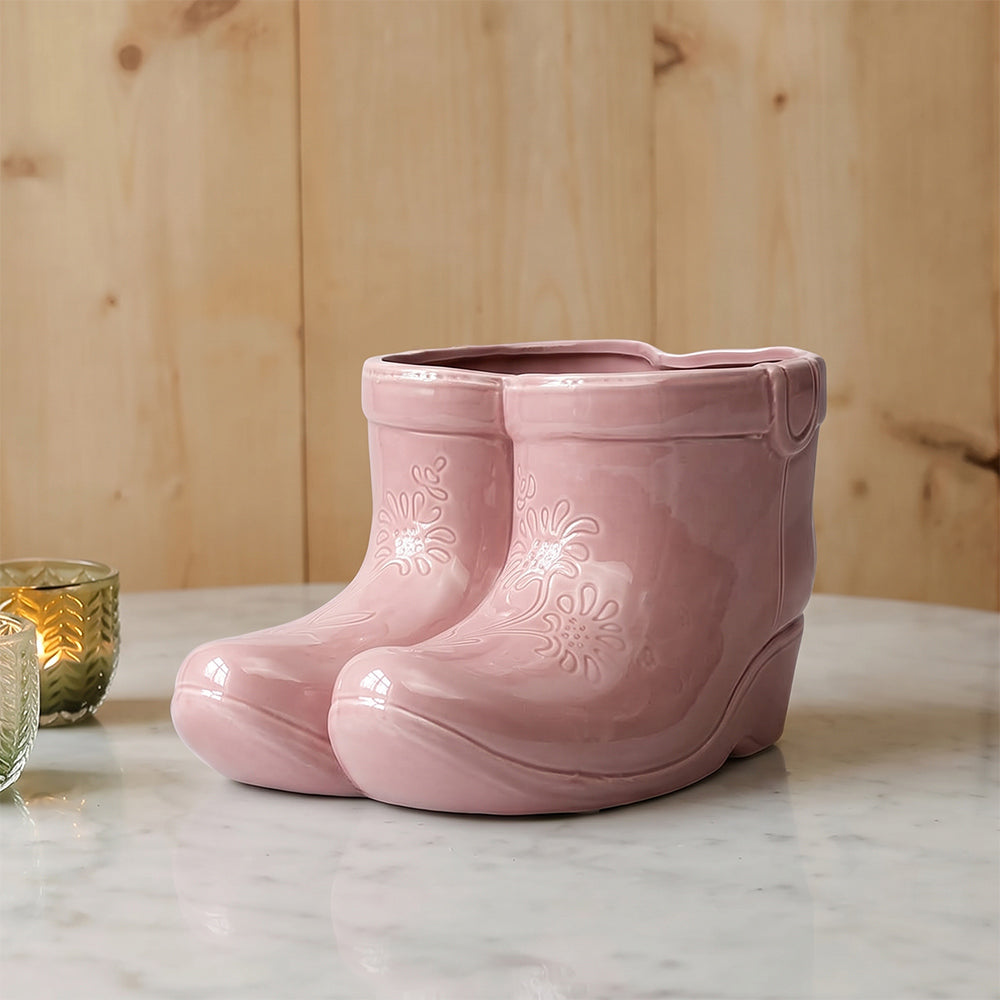 Amelisse Ashley Pink Rain Boot Ceramic Table Flower Pot