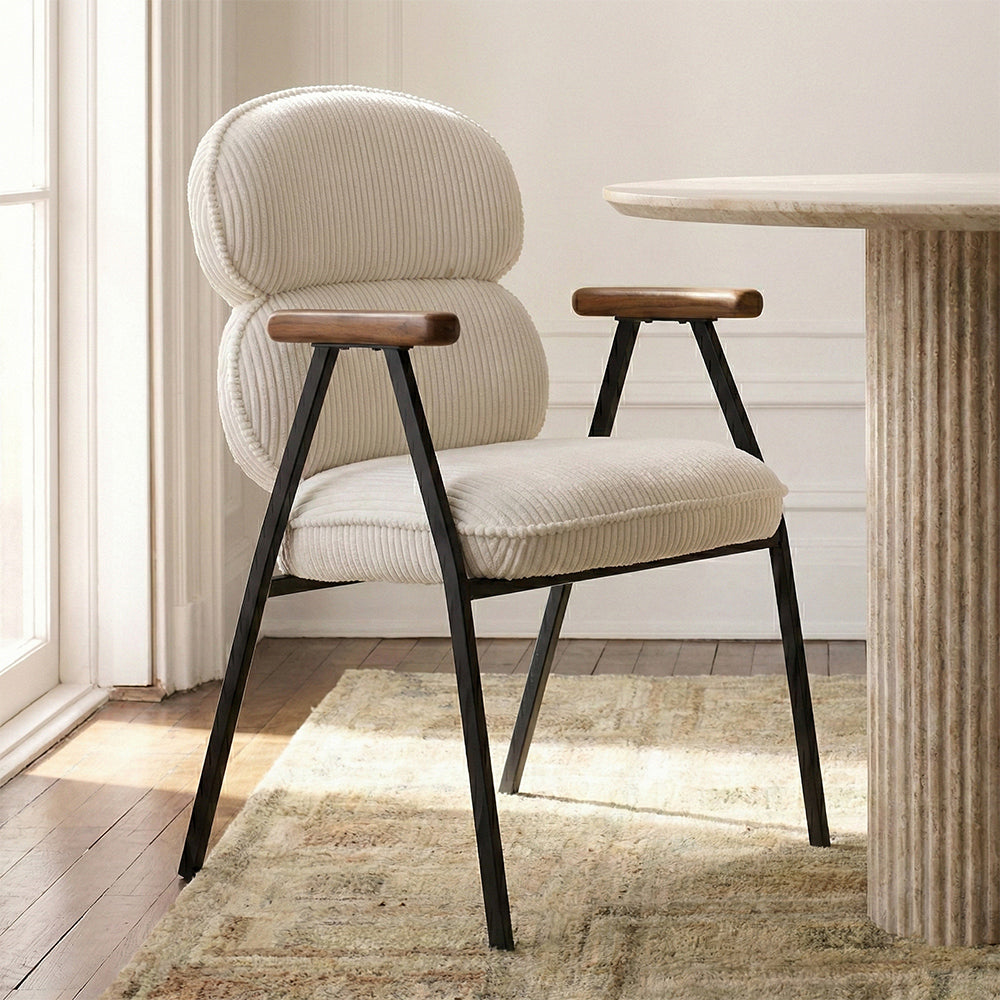 Antho Velvet Dining Chair with Wooden Armrest - Ivory